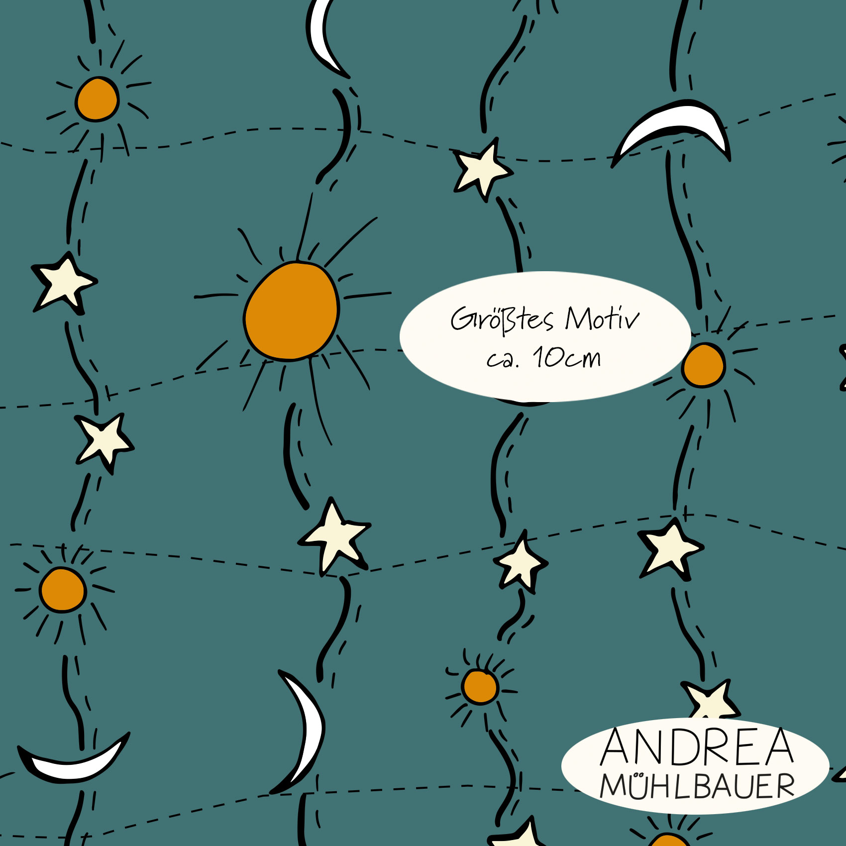 Bio Webware Stoff - Sonne, Mond und Sterne Aqua - AndreaMuehlbauer, Sterne, grün, 100% Bio-Baumwolle Bio Webware Stoff - Sonne, Mond und Sterne Aqua - AndreaMuehlbauer, Sterne, grün, 100% Bio-Baumwolle