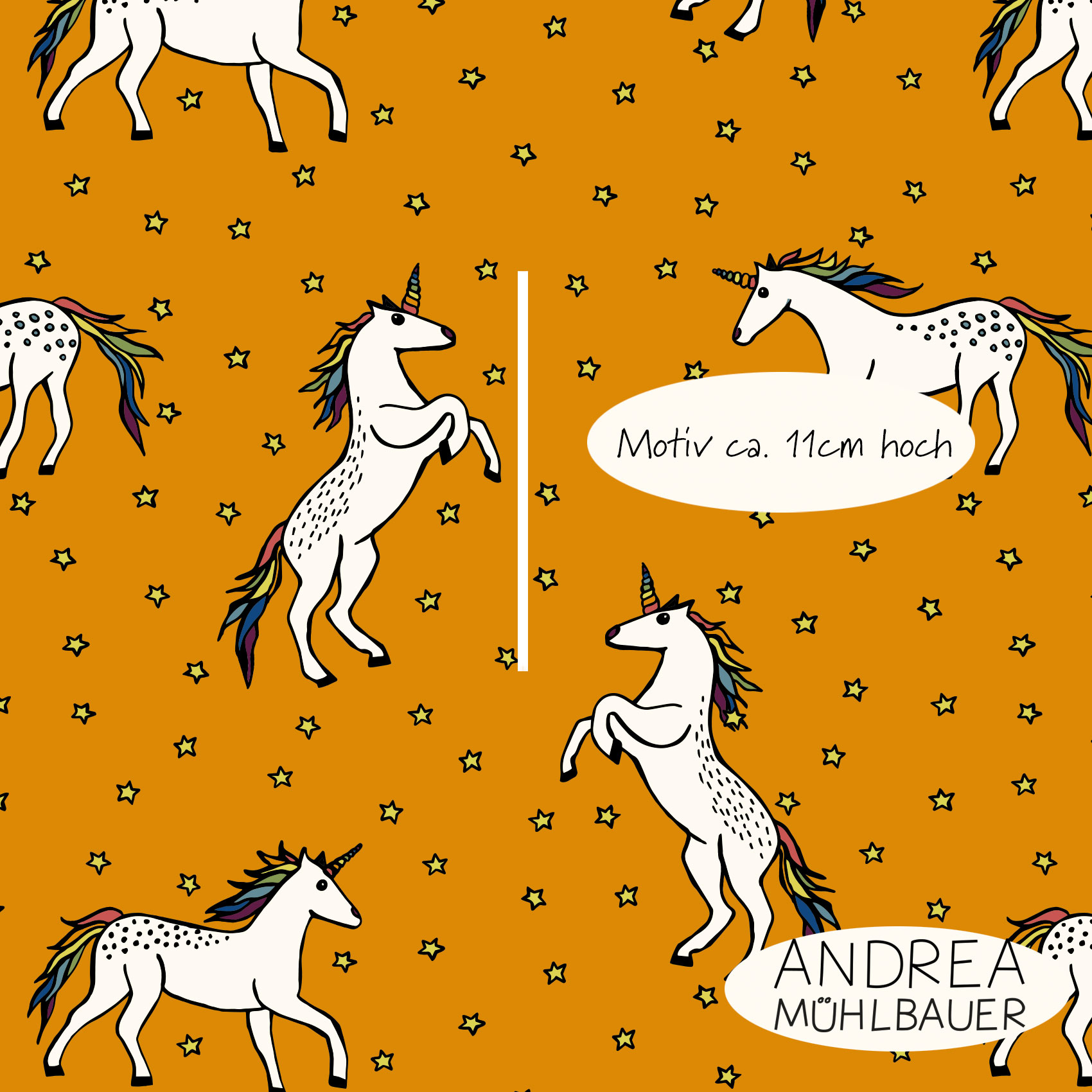 Bio Webware Stoff  -  Einhörner Middle  - AndreaMuehlbauer, Tiere, Fantasy, orange, 100% Bio-Baumwolle