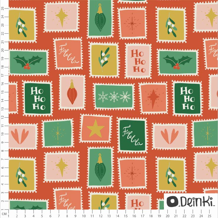 Bio Webware Stoff - Weihnachtsbriefmarken Rot - Deinki, rot, Weihnachten, 100% Bio-Baumwolle Bio Webware Stoff - Weihnachtsbriefmarken Rot - Deinki, rot, Weihnachten, 100% Bio-Baumwolle