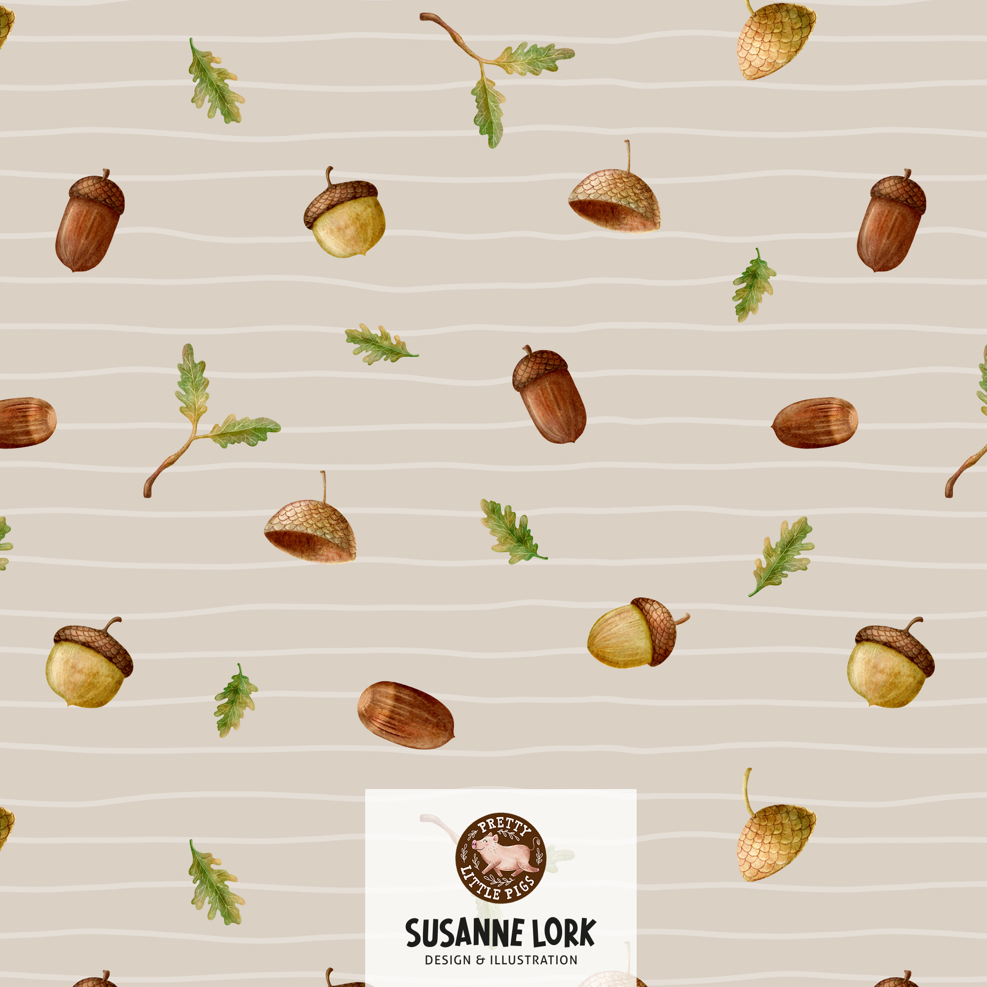 Bio Stoff - Kastanientiere Kombi Eicheln Sand Streifen von Pretty Little Pigs in beige
