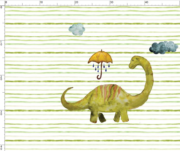 Bio Summersweat Stoff  -  50 cm Panel Regenspaziergang  - SimoneKelly, grün, Streifen, Dinosaurier, Breite 150 cm