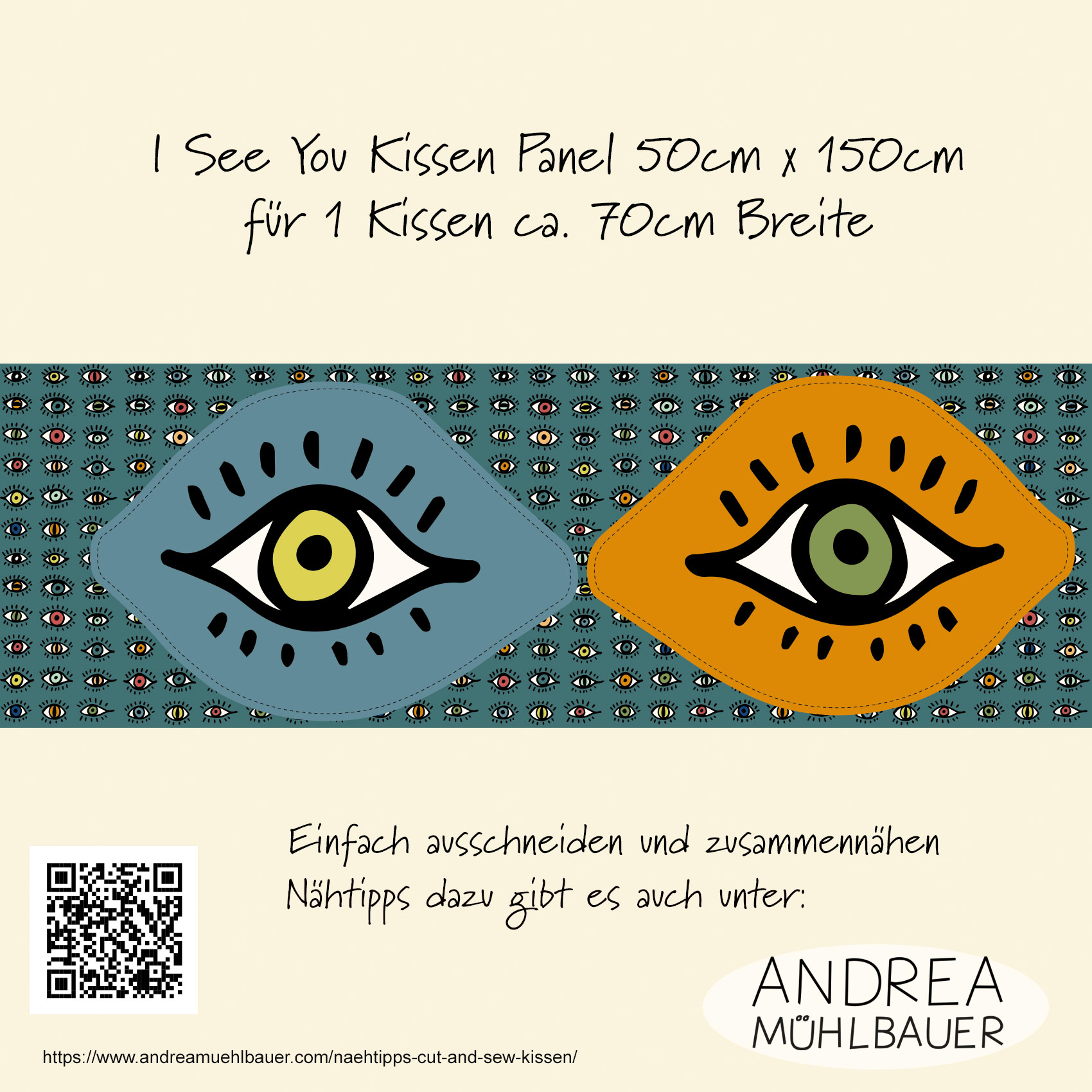 Bio Webware Stoff - 50 cm Panel Kissen See You Blau - AndreaMuehlbauer, blau, Cut & Sew, Gegenstände, 100% Bio-Baumwolle Bio Webware Stoff - 50 cm Panel Kissen See You Blau - AndreaMuehlbauer, blau, Cut & Sew, Gegenstände, 100% Bio-Baumwolle