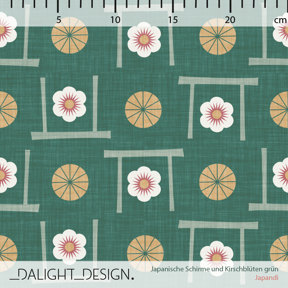 Bio Stoff  - Japanische Schirme und Kirschblüten grün