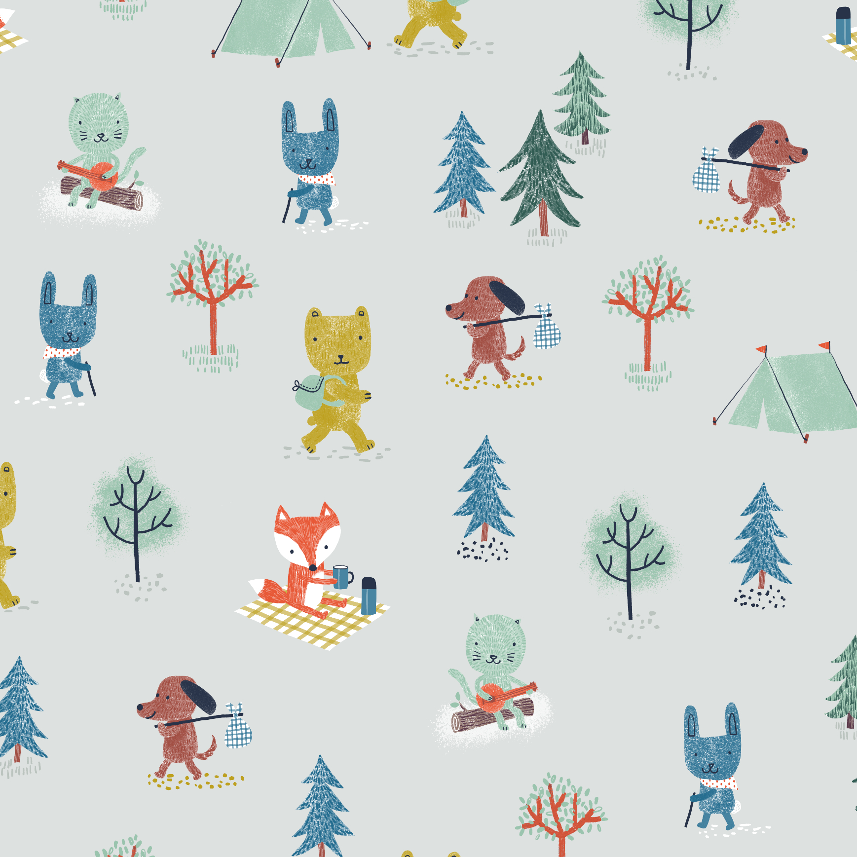 Bio Webware Stoff  -  Hiking Friends  - PetraCoumans, Tiere, grau, Wald, 100% Bio-Baumwolle
