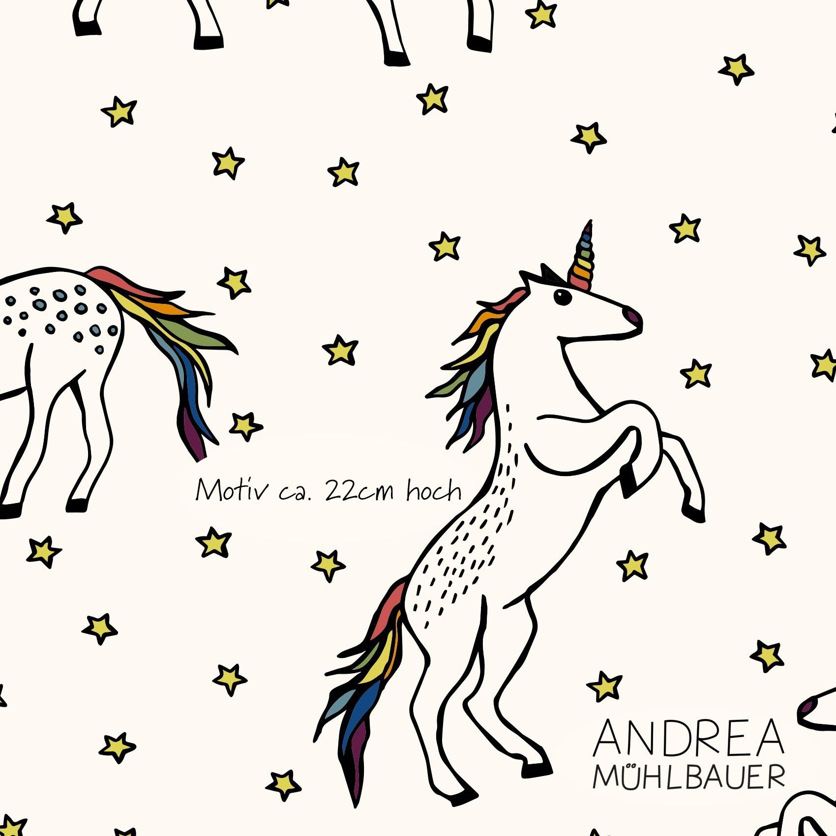 Bio Webware Stoff  -  Einhörner  - AndreaMuehlbauer, Tiere, creme, Fantasy, 100% Bio-Baumwolle
