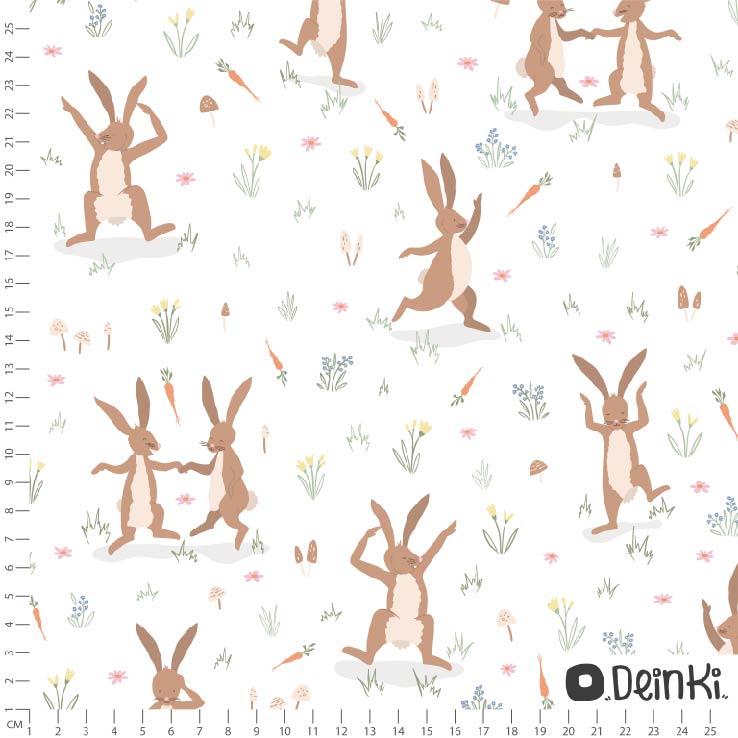 Bio Stoff  - Tanzende Osterhasen weiß  - Deinki, weiß, Ostern, Tiere