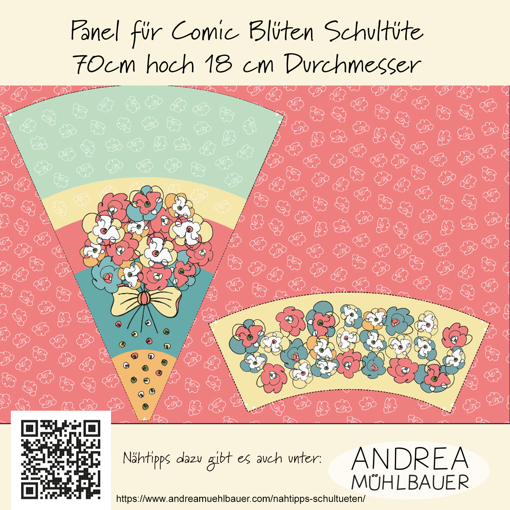 Bio Stoff - 1,0 m Panel Schultuete Flowers von Andrea Muehlbauer in bunt Bio Stoff - 1,0 m Panel Schultuete Flowers von Andrea Muehlbauer in bunt