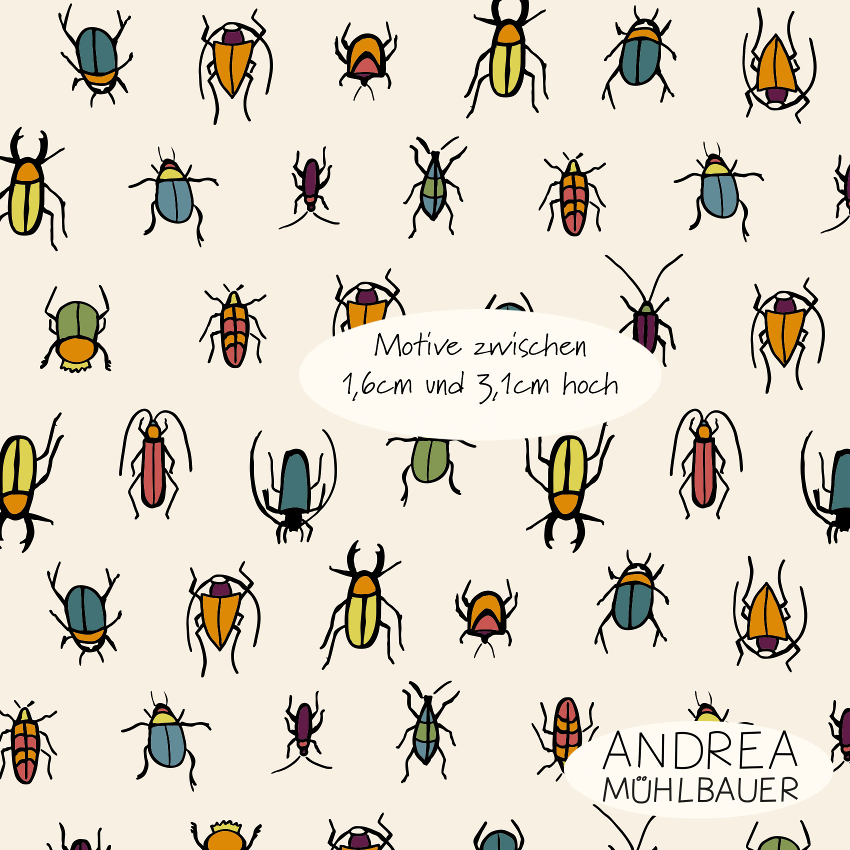 Bio Webware Stoff  -  Bugs on lovely  - AndreaMuehlbauer, Tiere, beige, 100% Bio-Baumwolle