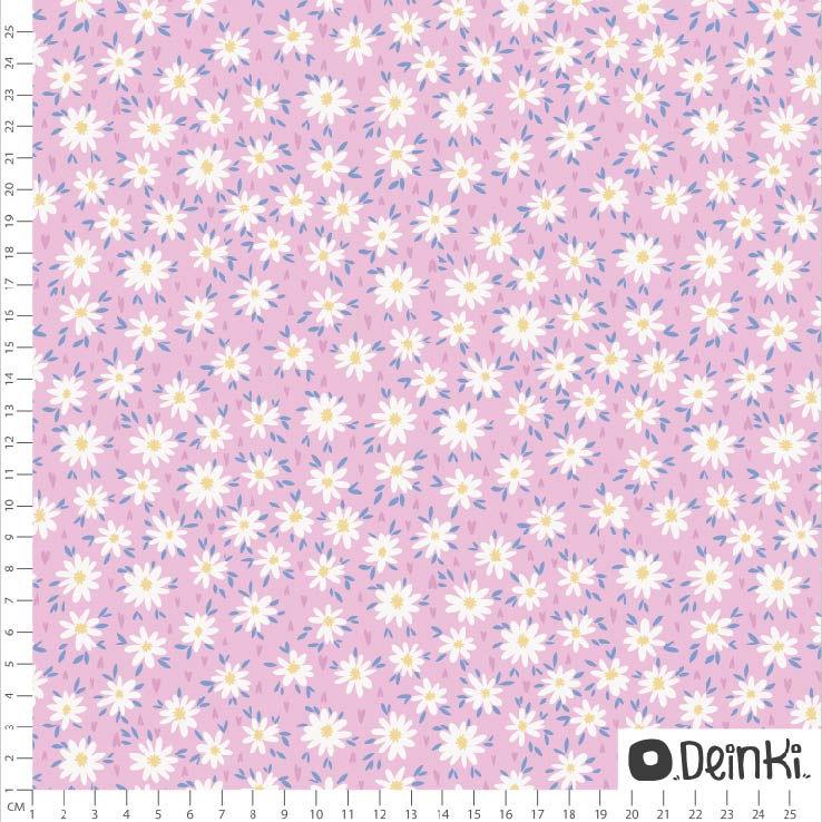 Bio Stoff  - Pastellblumen Vier Rosa Weiss - Deinki, bunt, Blumen