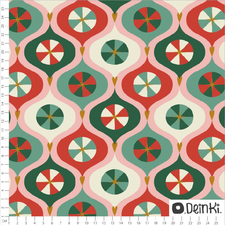 Bio Webware Stoff - Weihnachtskugel - Deinki, grün, rot, rosa, , 100% Bio-Baumwolle Bio Webware Stoff - Weihnachtskugel - Deinki, grün, rot, rosa, , 100% Bio-Baumwolle