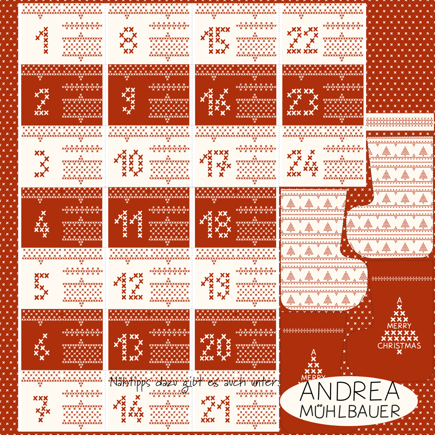 Bio Stoff - 1,5 m Panel Adventskalender Stiefel Kreuzstich Rot von Andrea Muehlbauer in rot