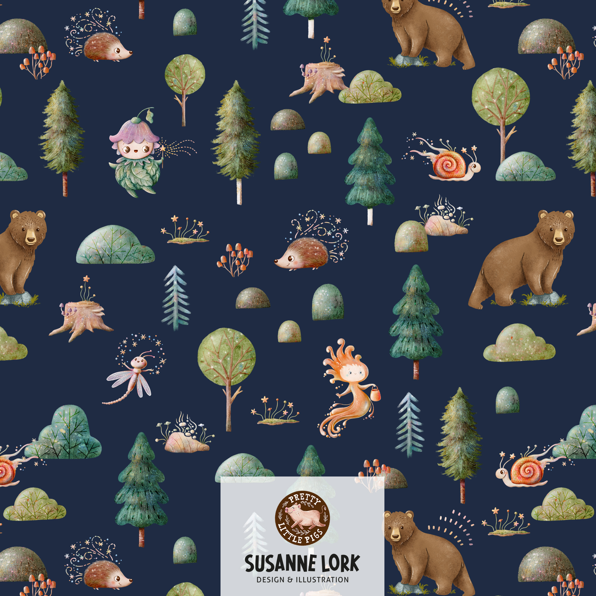 Organic Fabric - Magical Forest Dark Blue by Pretty Little Pigs in blue Organic Fabric - Magical Forest Dark Blue by Pretty Little Pigs in blue