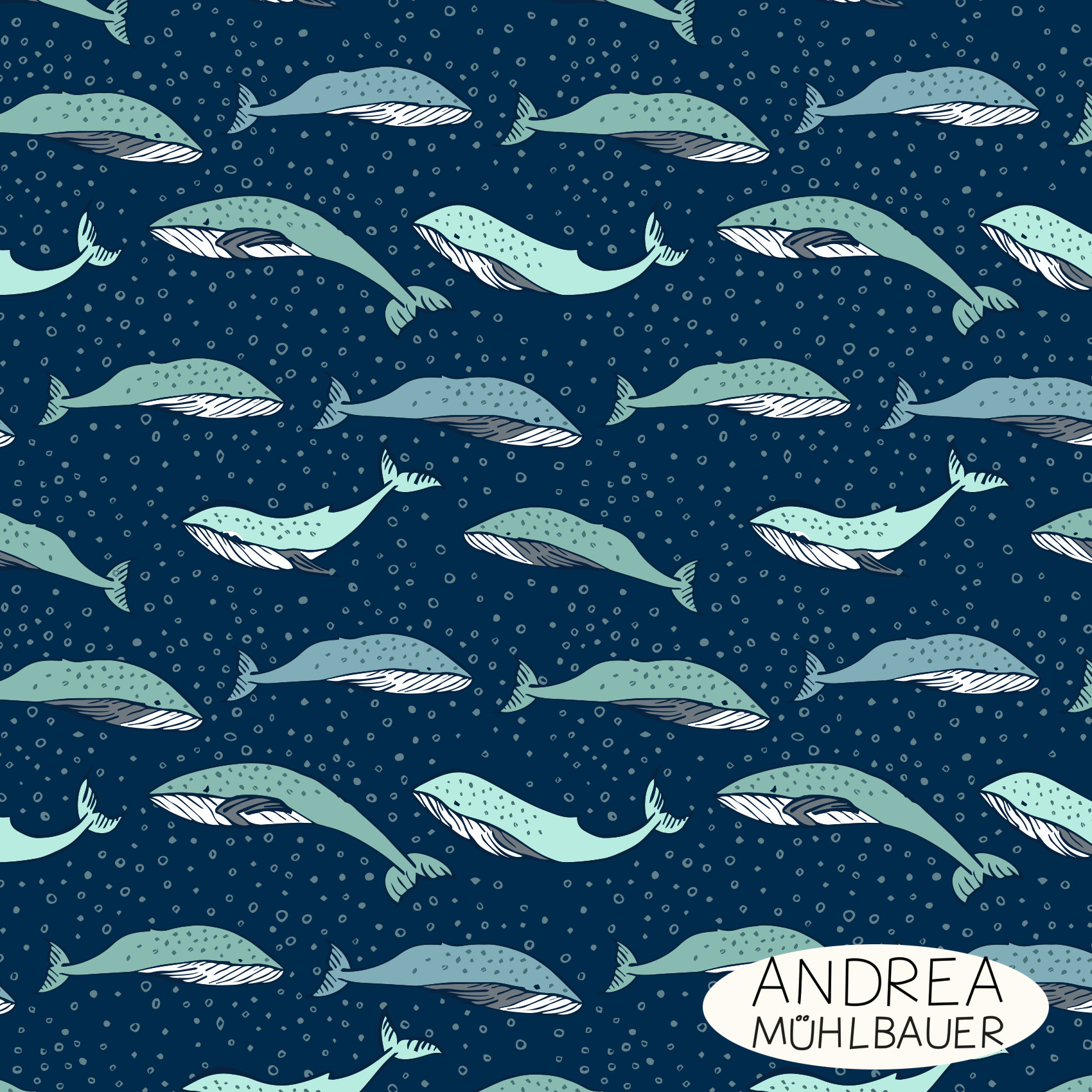 Organic Fabric - Whales Dark Blue by Andrea Muehlbauer in blue