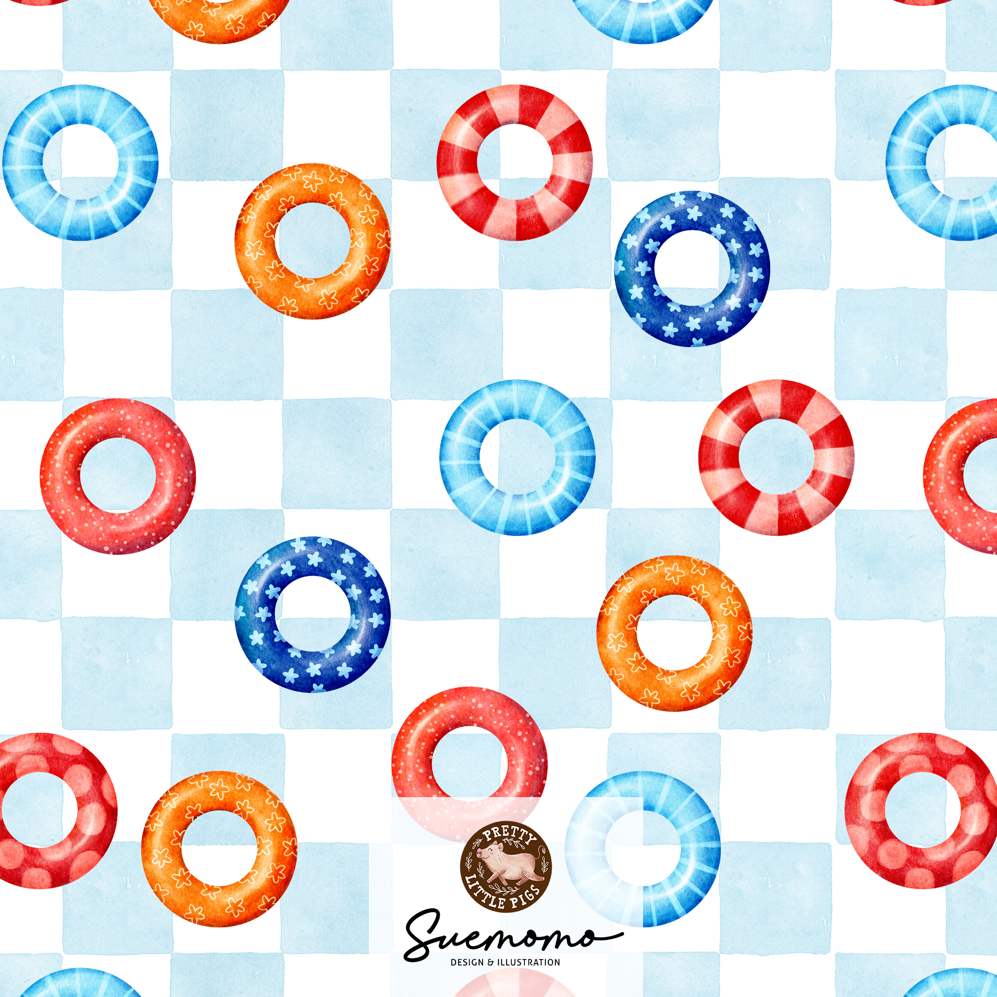 Bio Stoff  -  Summer Fun Schwimmreifen Karo  - PrettyLittlePigs, Sommer, Maritim, blau