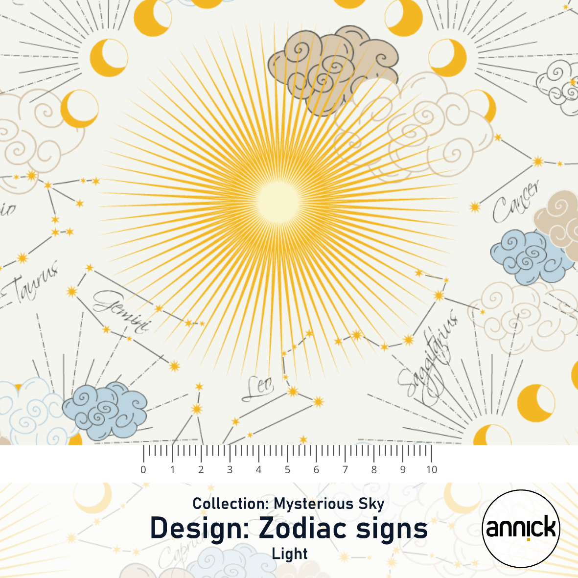 Bio Stoff  - Mysterious Sky Zodiac Signs Light - Annick, creme, Sonne, Mond & Sterne