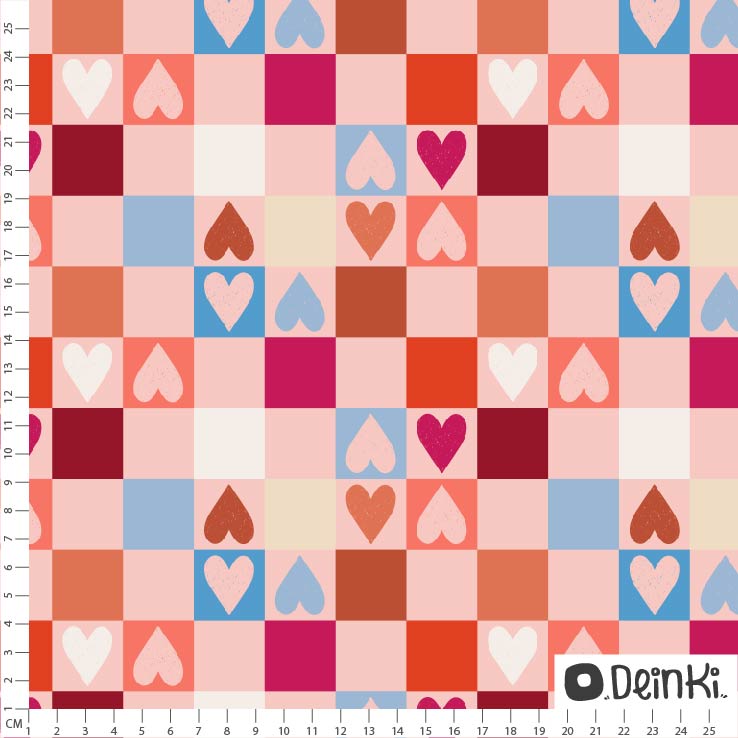 Bio Stoff  - Sketchy Hearts Schachbrett rosa bunt - Deinki, rosa Herzen, kariert