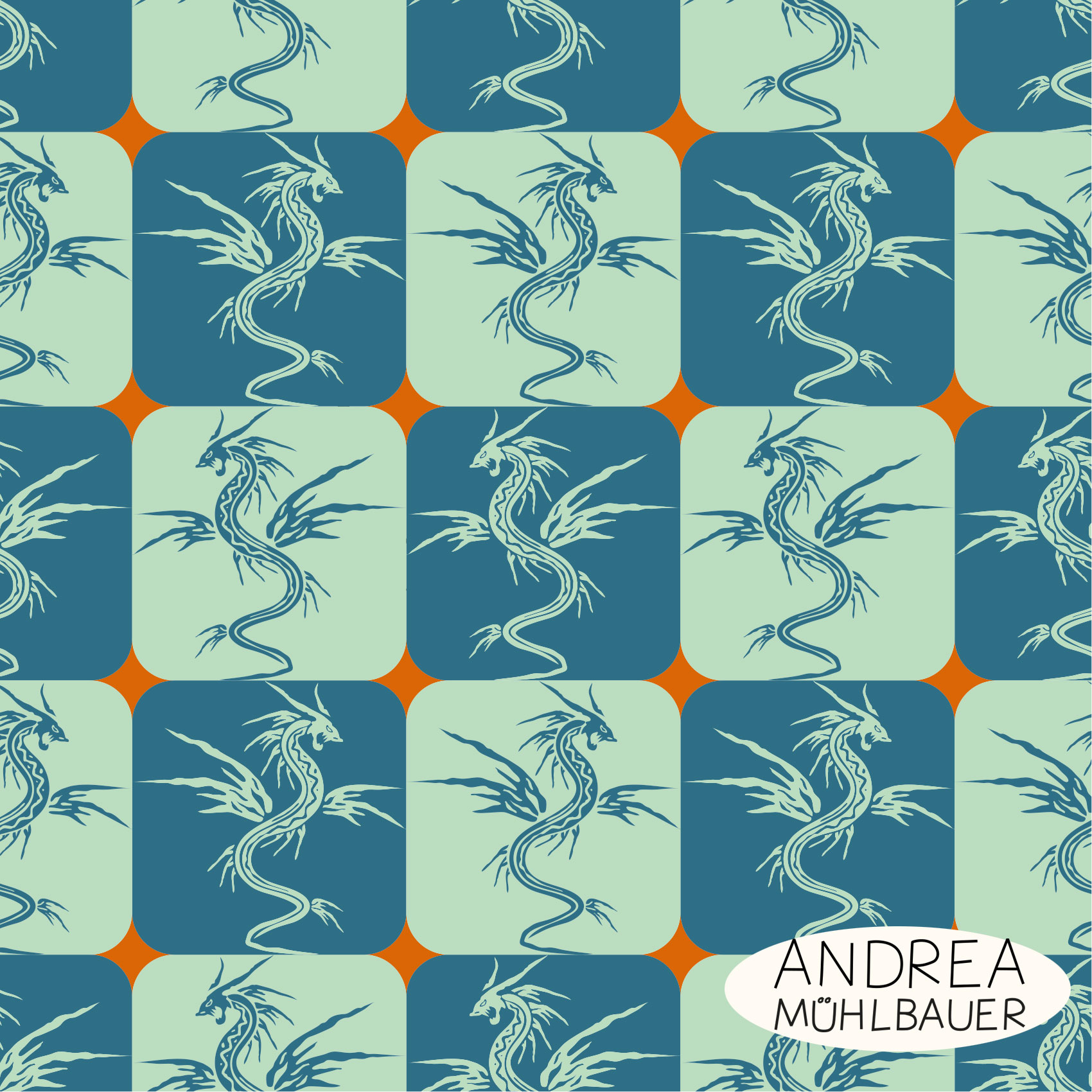 Bio Webware Stoff - Dragon Chess - AndreaMuehlbauer, petrol, grün, Fantasy, 100% Bio-Baumwolle Bio Webware Stoff - Dragon Chess - AndreaMuehlbauer, petrol, grün, Fantasy, 100% Bio-Baumwolle