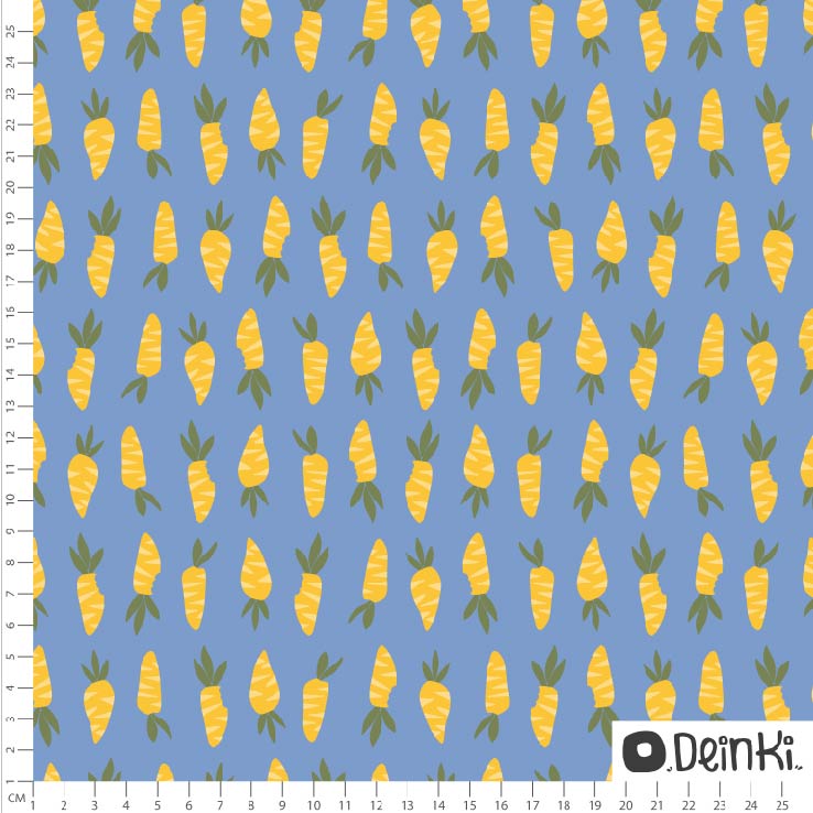 Bio Summersweat Stoff  -  Möhrchen  - Deinki, Ostern, Essen, Obst & Gemüse, blau, Breite 150 cm