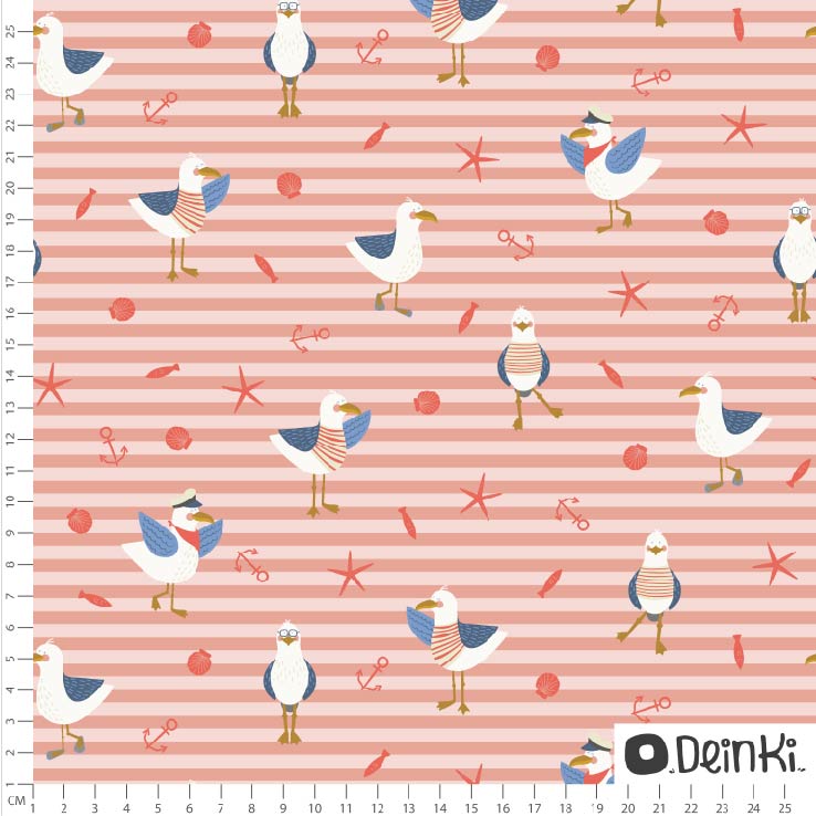 Bio Webware Stoff  -  Möwen gestreift  - Deinki, Streifen, Maritim, rosa, 100% Bio-Baumwolle