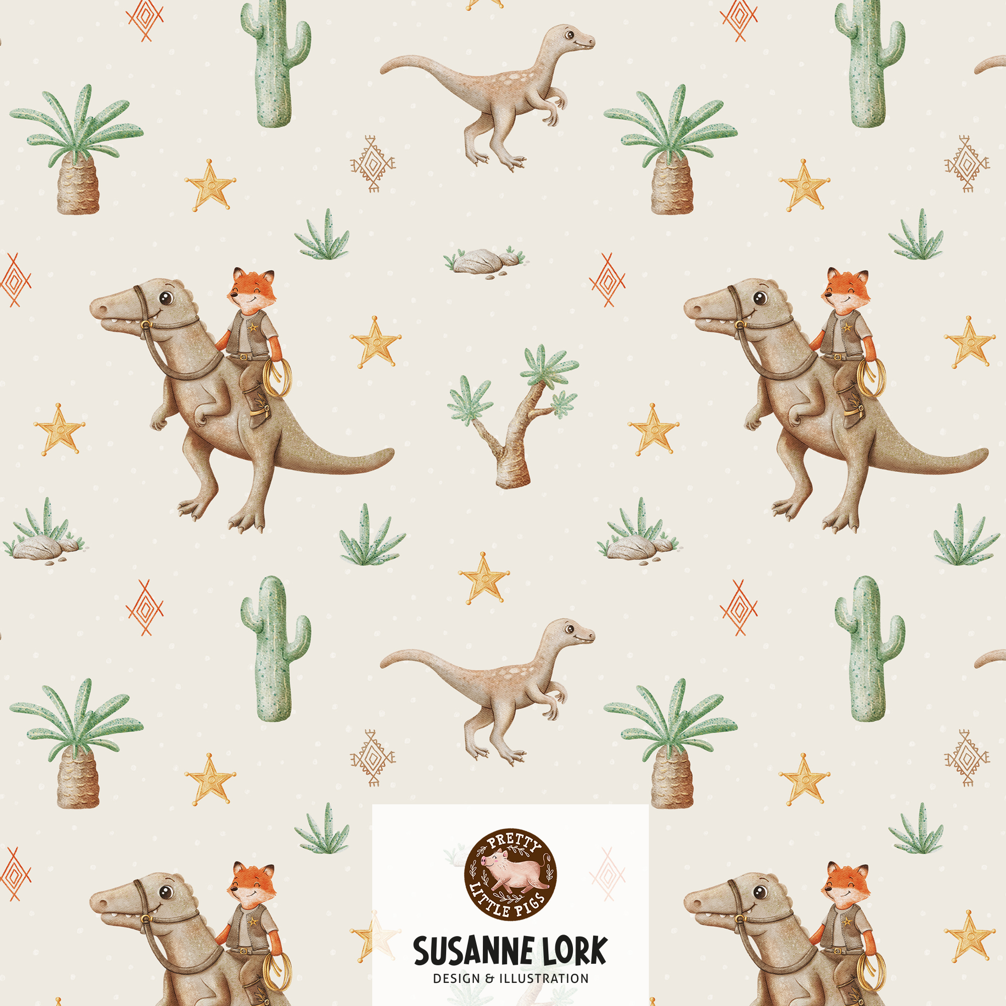 Bio Webware Stoff - Dino Cowboy Cream Klein - PrettyLittlePigs, Dinosaurier, creme, 100% Bio-Baumwolle Bio Webware Stoff - Dino Cowboy Cream Klein - PrettyLittlePigs, Dinosaurier, creme, 100% Bio-Baumwolle