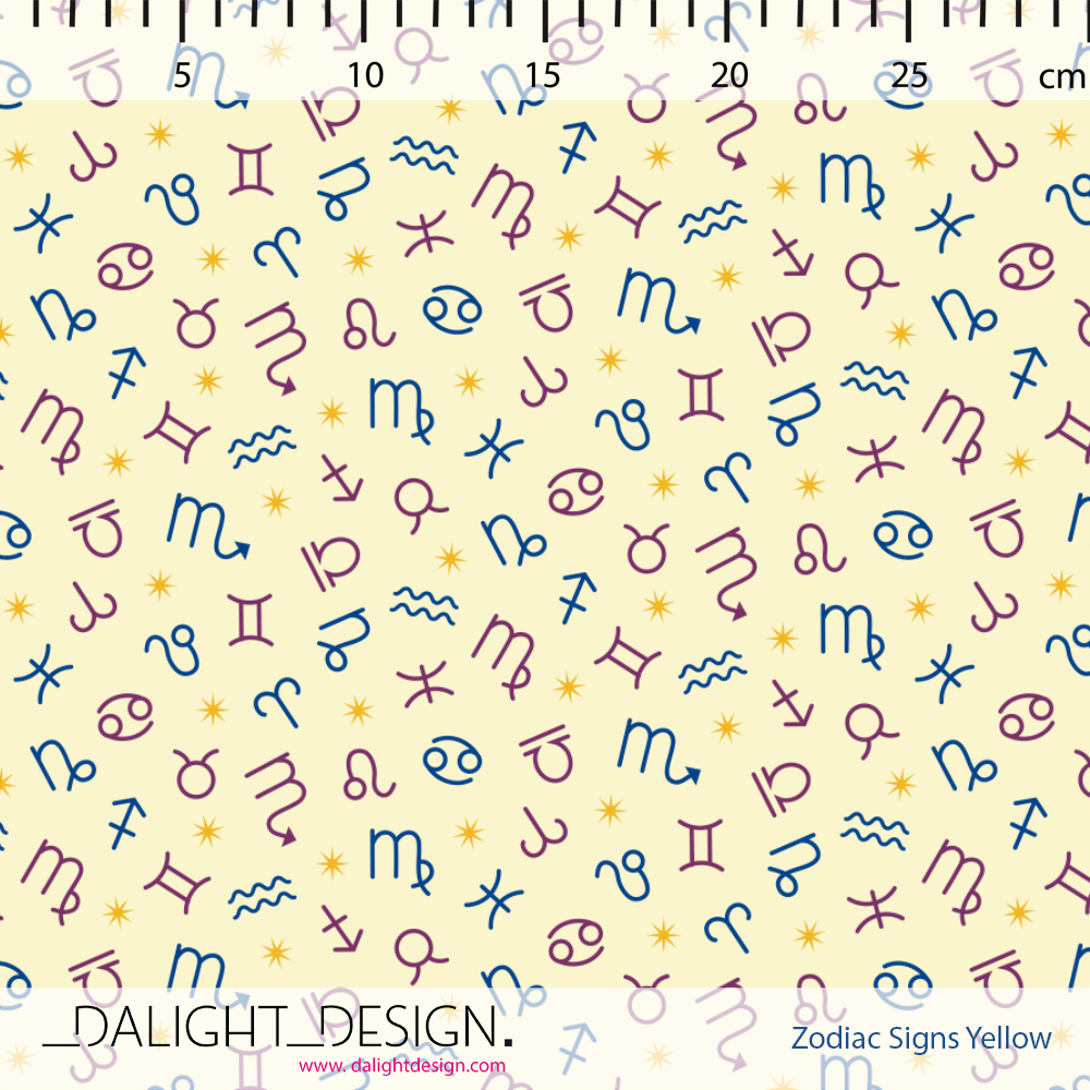 Bio Jersey Stoff  -  Zodiac Signs Yellow  - DalightDesign, gelb, Buchstaben & Zahlen, Breite 150 cm