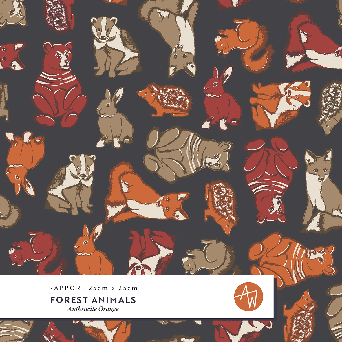 Bio Stoff  -  Forest Animals Anthracite Orange  - AlexandraWeise, Wald, Tiere, Herbst, bunt 