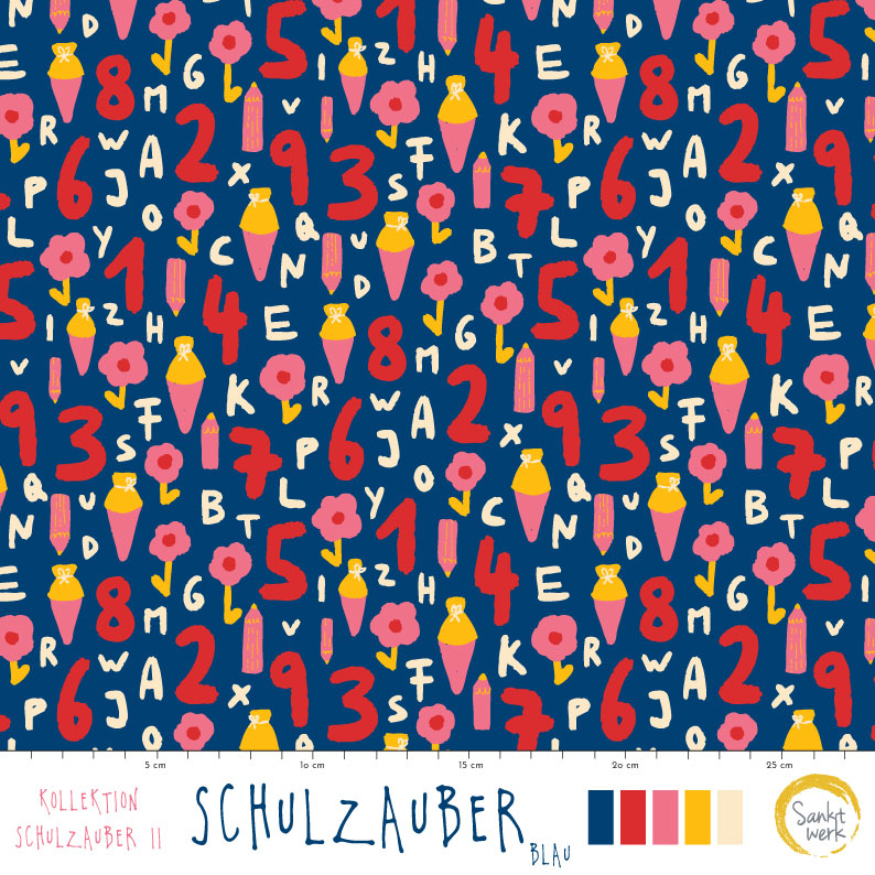 Bio Summersweat Stoff  - Schulzauber Blau- Sanktwerk, blau, Kinder, Buchstaben Breite 150 cm