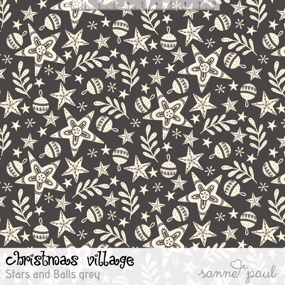 Bio Stoff  - Christmas Village Stars and Balls grey - SannePaul, Sterne, Weihnachten, grau