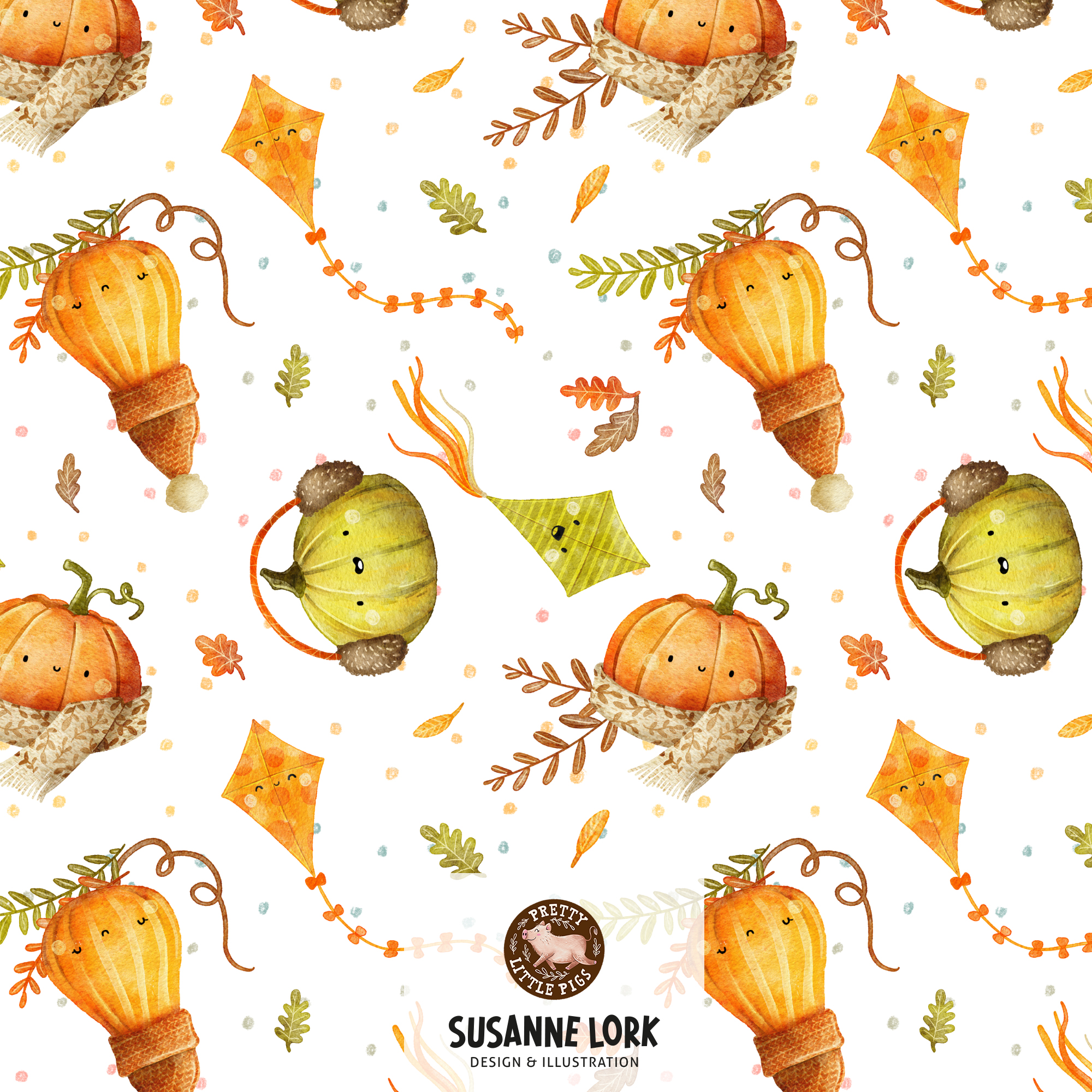 Bio Stoff - Cozy Pumpkins Tossed White von Pretty Little Pigs in weiß
