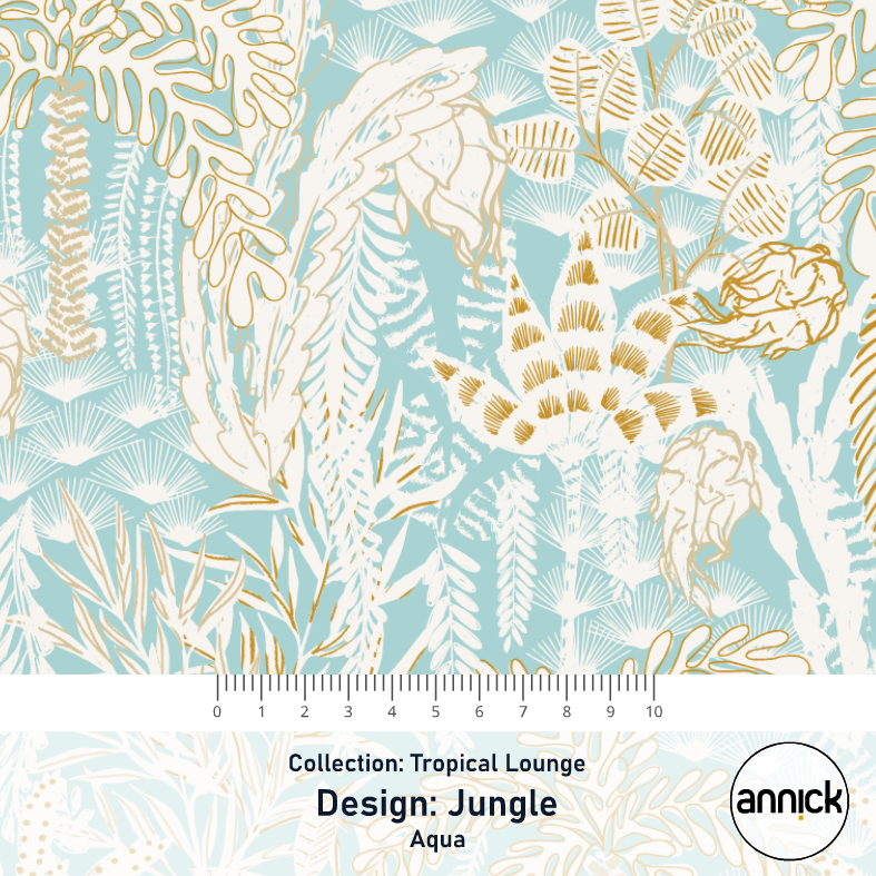 Bio Stoff  - Tropical Lounge Jungle Aqua  - Annick, blau, Blätter 