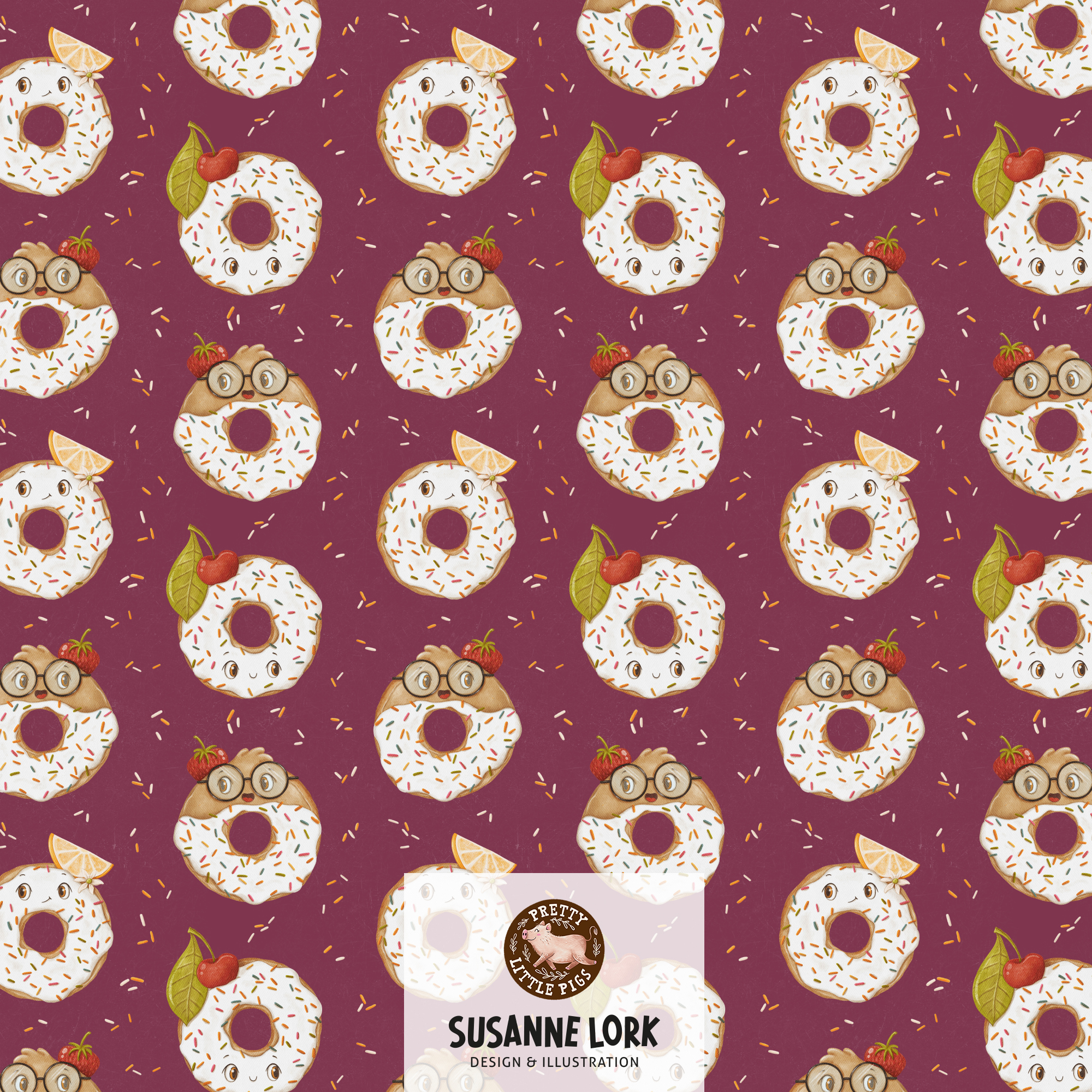 Organic Fabric - Donuts Berry Small by Pretty Little Pigs in berry
