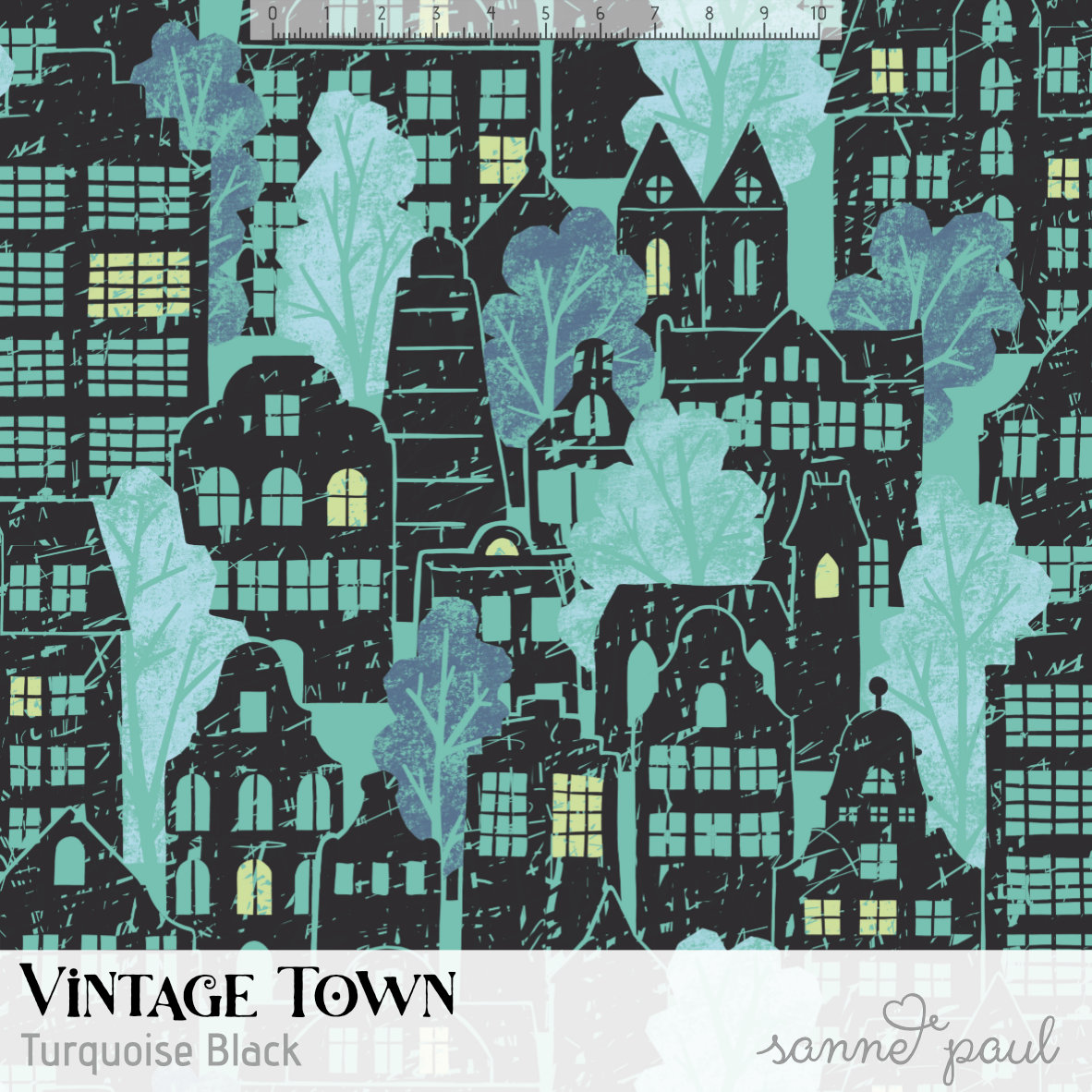 Bio Stoff  - Vintage Town Turquiose Black - SannePaul, blau, Abstrakt