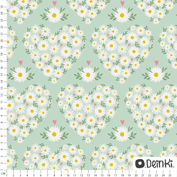 Bio Webware Stoff - Blumige Herzen grün - Deinki, grün, Blumen, Herzen, 100% Bio-Baumwolle Bio Webware Stoff - Blumige Herzen grün - Deinki, grün, Blumen, Herzen, 100% Bio-Baumwolle