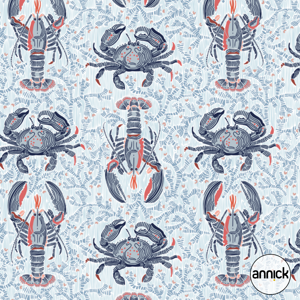 Bio Webware Stoff - Crustacean Corel Lobster Aqua Blue - Annick, blau, Maritim 100% Bio-Baumwolle Bio Webware Stoff - Crustacean Corel Lobster Aqua Blue - Annick, blau, Maritim 100% Bio-Baumwolle
