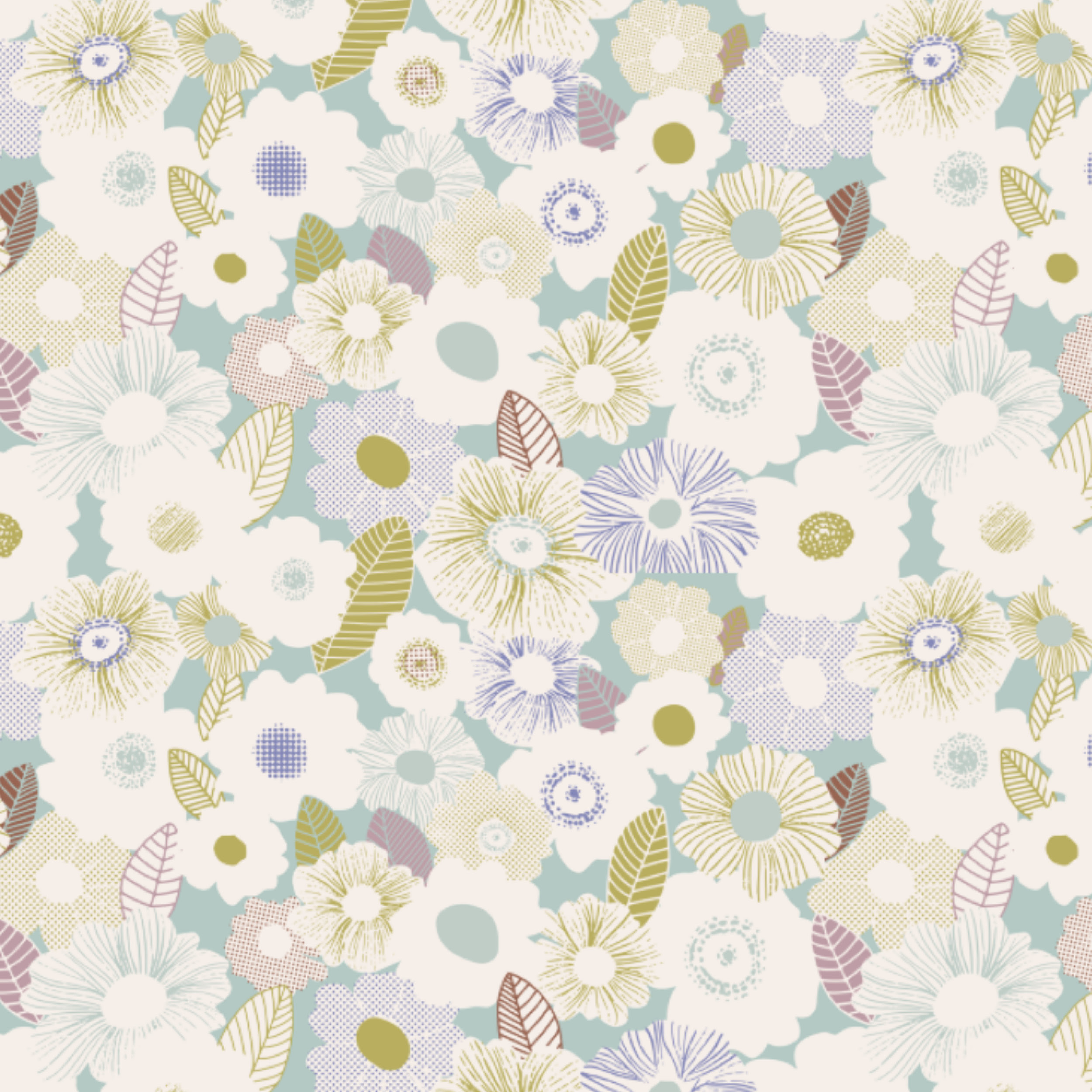 Organic Fabric -Floral Statement Patterned Flowers blue, mint