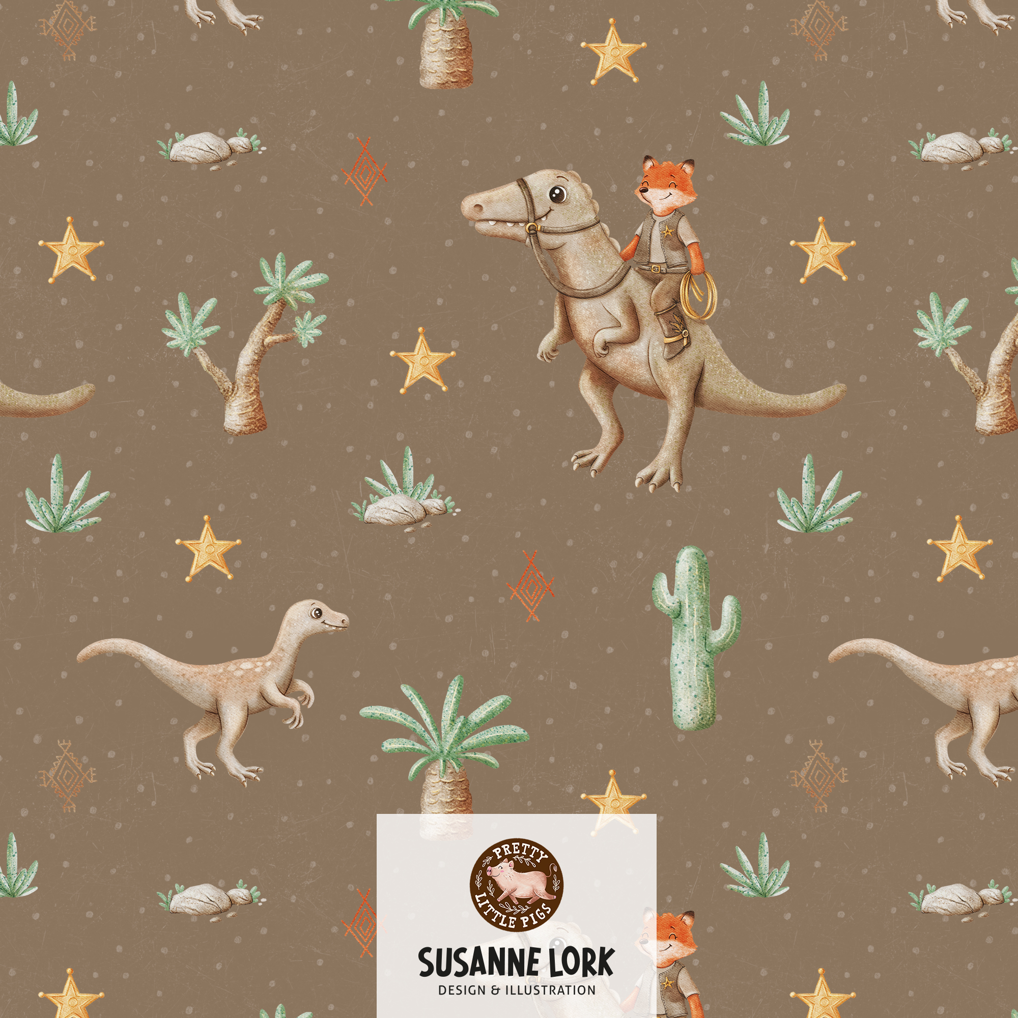 Bio Stoff  -  Dino Cowboy Taupe  - PrettyLittlePigs, Dinosaurier, braun