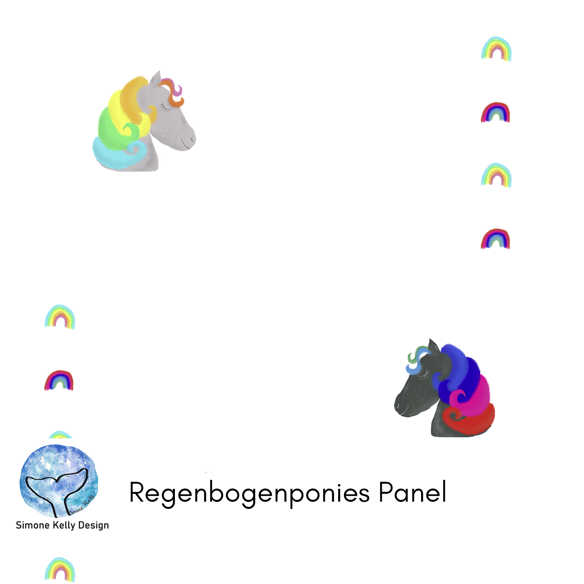 Bio Webware Stoff  -  50 cm Panel Regenbogenponies  - SimoneKelly, Regenbogen, weiß, Fantasy, 100% Bio-Baumwolle