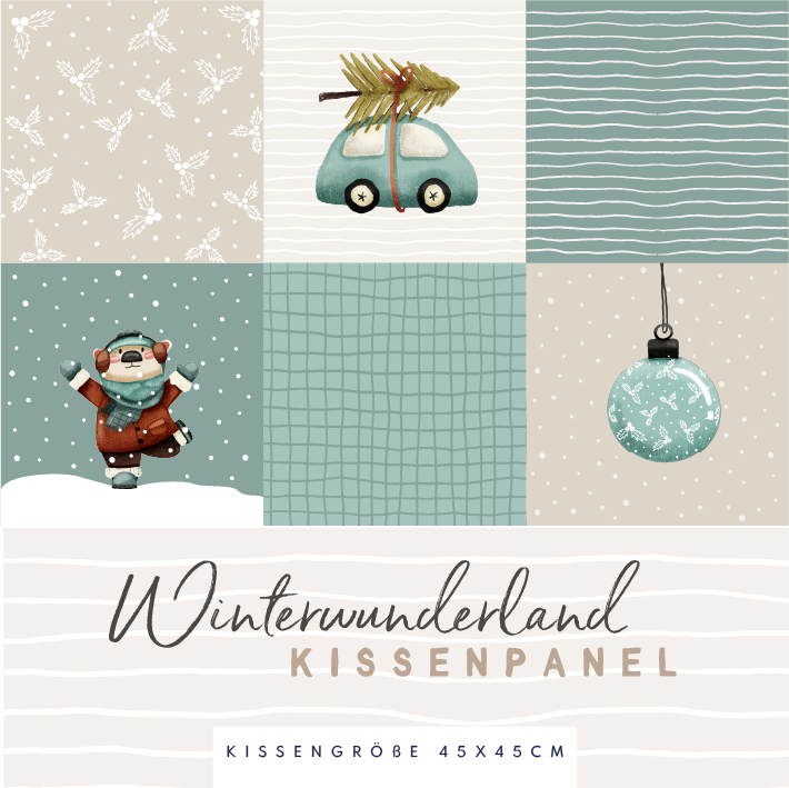 Bio Summersweat Stoff - 1 m Panel Winterwunderland Kissen - DewiStudio, mint, bunt, Cut & Sew, Breite 150 cm Bio Summersweat Stoff - 1 m Panel Winterwunderland Kissen - DewiStudio, mint, bunt, Cut & Sew, Breite 150 cm