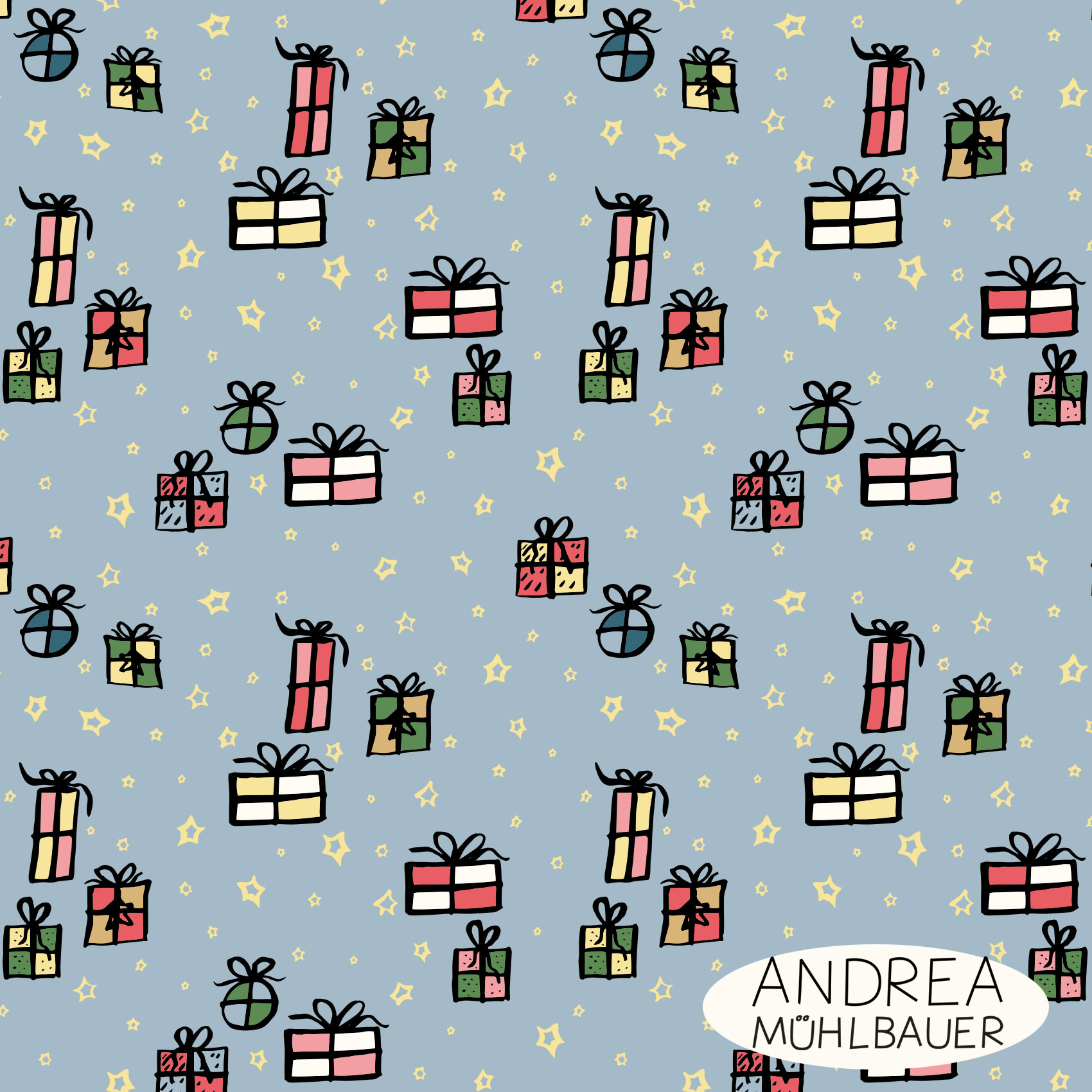 Bio Webware Stoff  - Christmas Gift and Stars on Light Blue - AndreaMuehlbauer, Weihnachten, blau, 100% Bio-Baumwolle