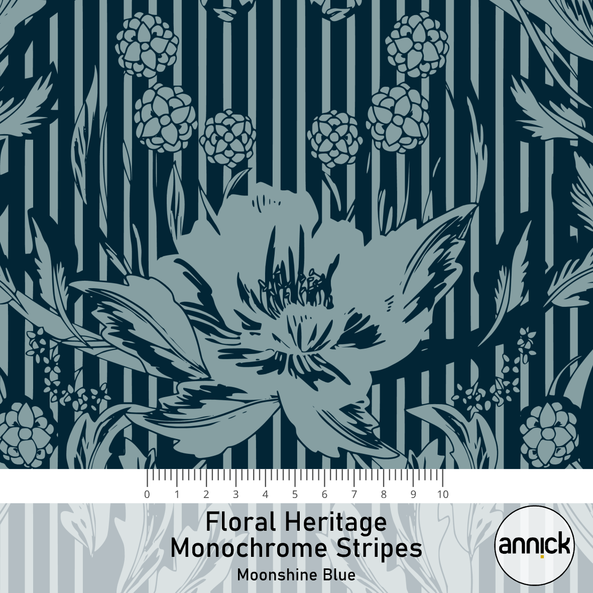 Bio Fabric - Floral Heritage Monochrome Stripes Moonshine Blue by Annick in blue