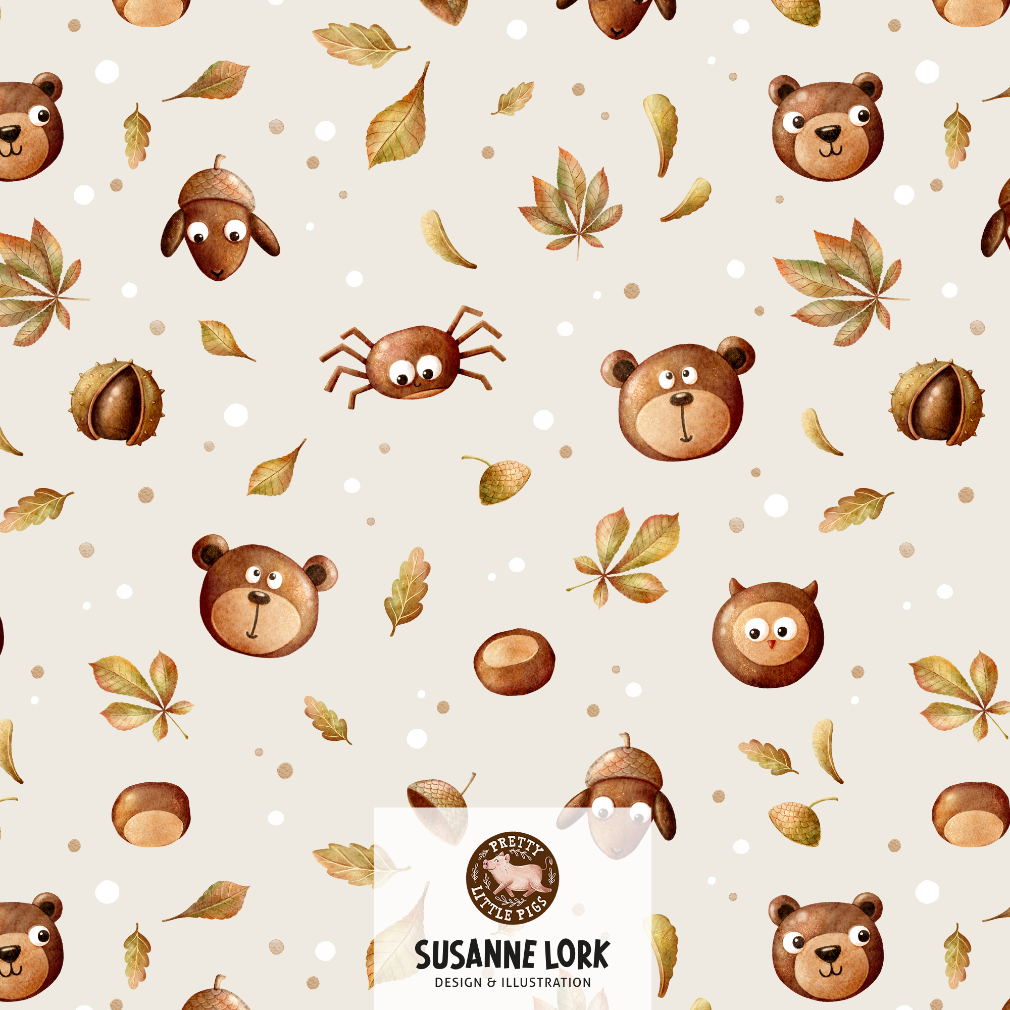 Organic Fabric - Chestnut Animal Heads Cream by Pretty Little Pigs in cream