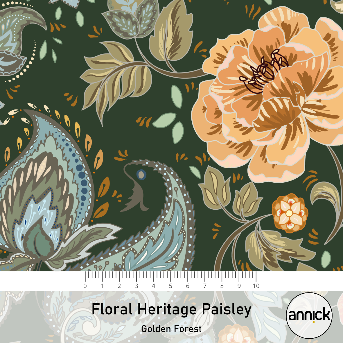 Organic Fabric - Floral Heritage Paisley Golden Forest by Annick in green