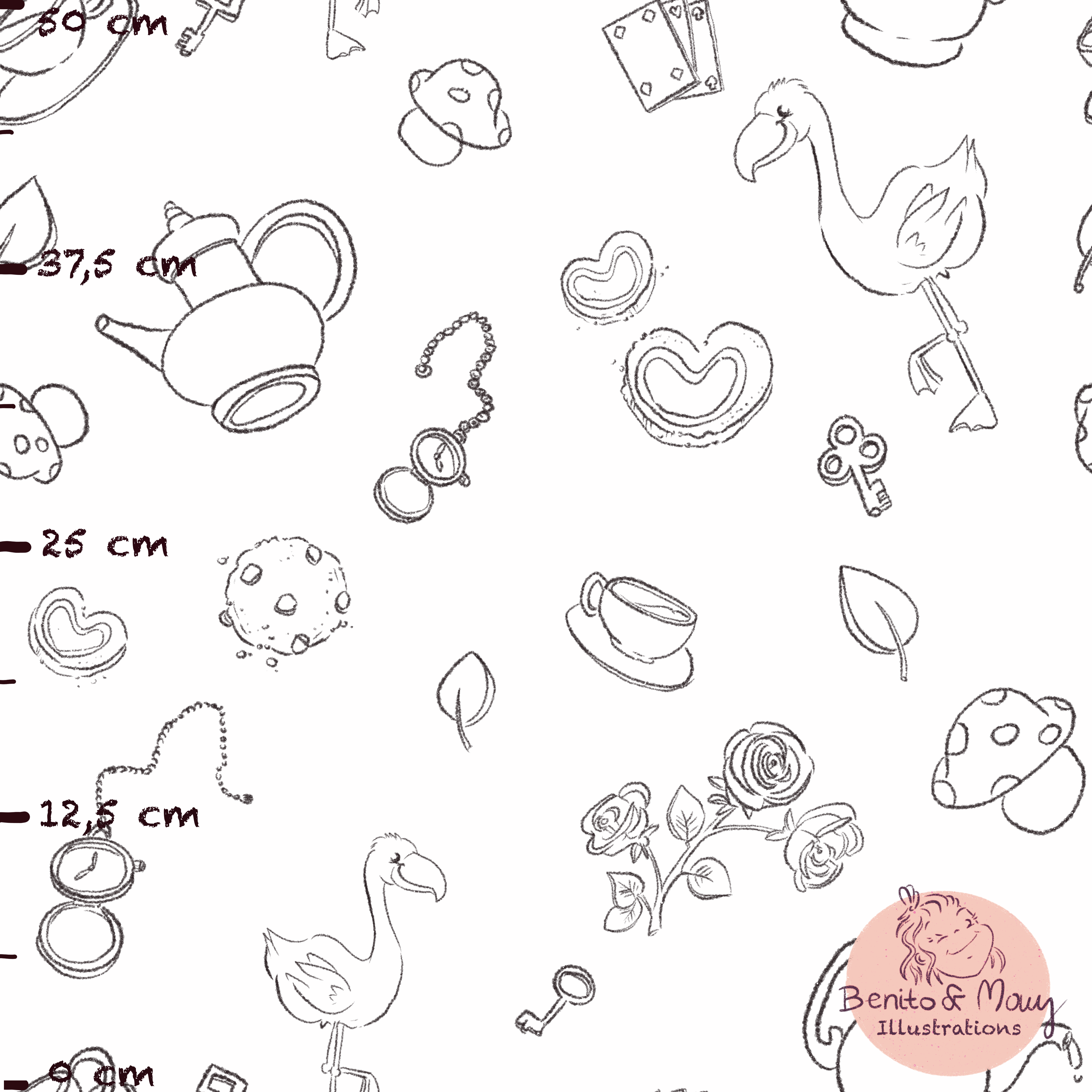 Bio Fabric - Tea Party Black White by Benito and Maus Illustrations in white