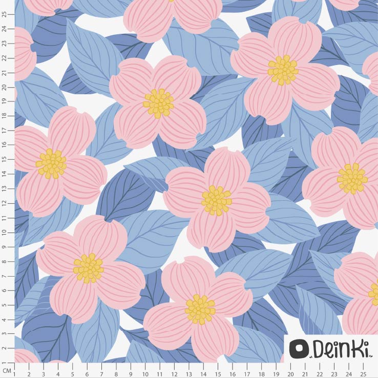 Bio Summersweat Stoff  - Blütenhartriegel Rosa Blau - Deinki, rosa, Floral & Blumen Breite 150 cm