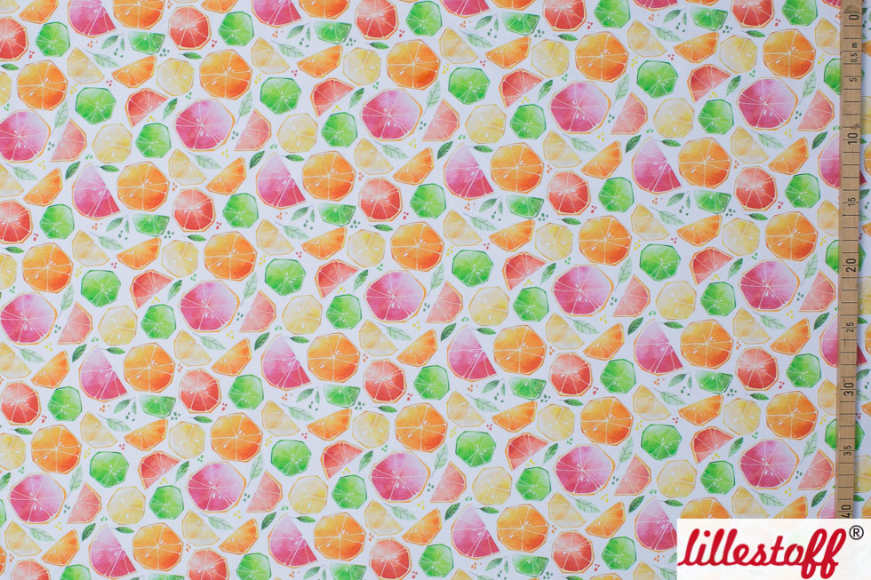 Bio Summersweat Stoff - Citrus Watercolor - LilleSelection, Frühling, bunt, weiß, Sommer, Obst & Gemüse, Breite 150 cm Bio Summersweat Stoff - Citrus Watercolor - LilleSelection, Frühling, bunt, weiß, Sommer, Obst & Gemüse, Breite 150 cm