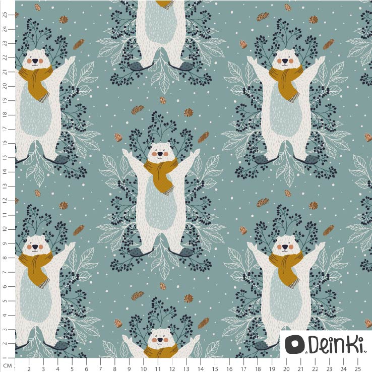 Bio Summersweat Stoff - Bär in Pantoffeln grün - Deinki, petrol, Winter, Tiere, Breite 150 cm Bio Summersweat Stoff - Bär in Pantoffeln grün - Deinki, petrol, Winter, Tiere, Breite 150 cm