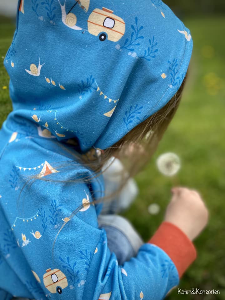 Bio Webware Stoff  -  Camper Schnecke  - LisaSanders, Tiere, blau, Fahrzeuge, Wald, 100% Bio-Baumwolle