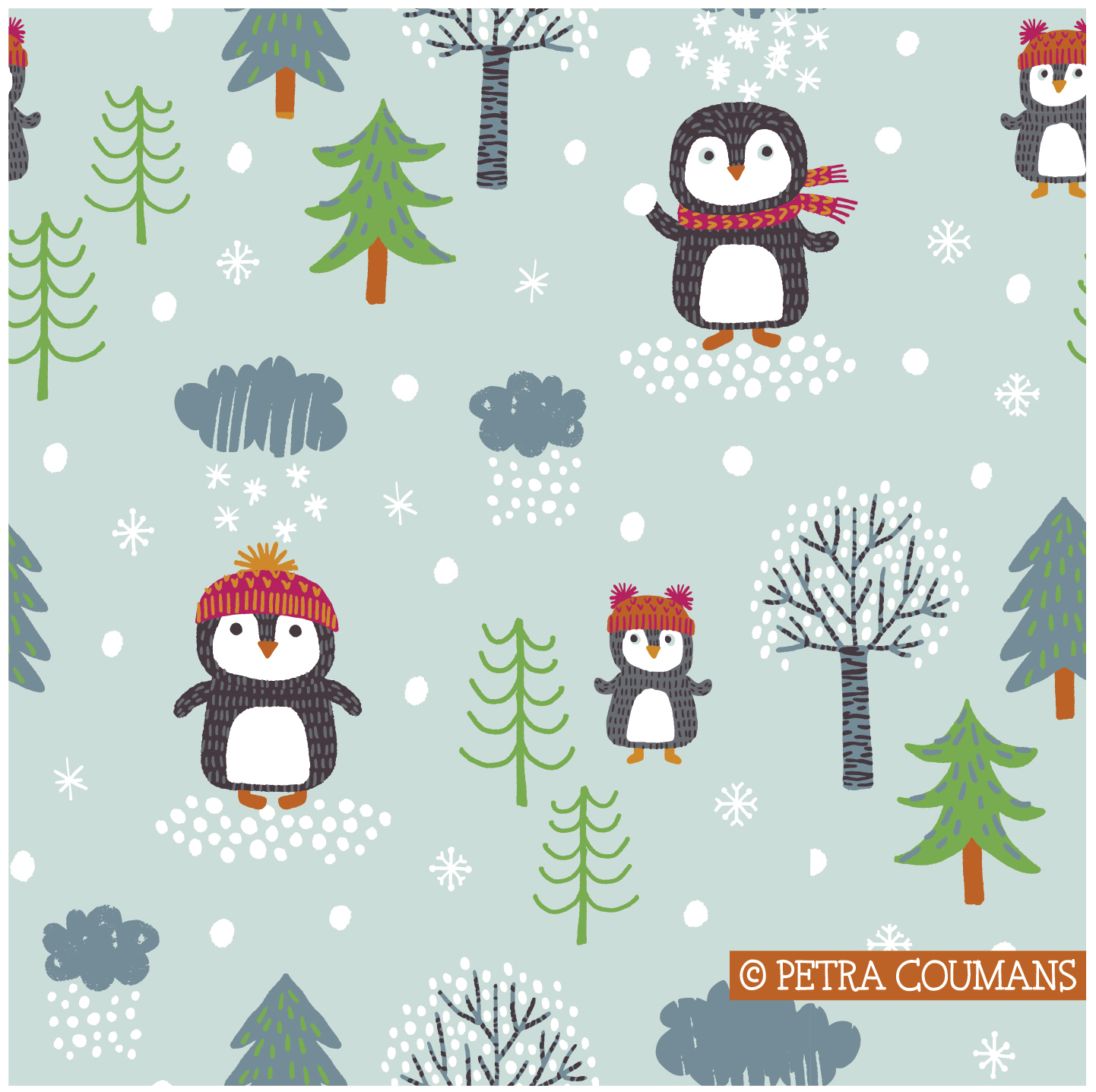 Bio Webware Stoff  -  Bei den kleinen Pinguinen  - PetraCoumans, Tiere, blau, weiß, grau, 100% Bio-Baumwolle