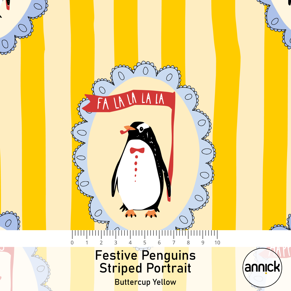 Bio Stoff - Festive Penguins Striped Portrait buttercup yellow 