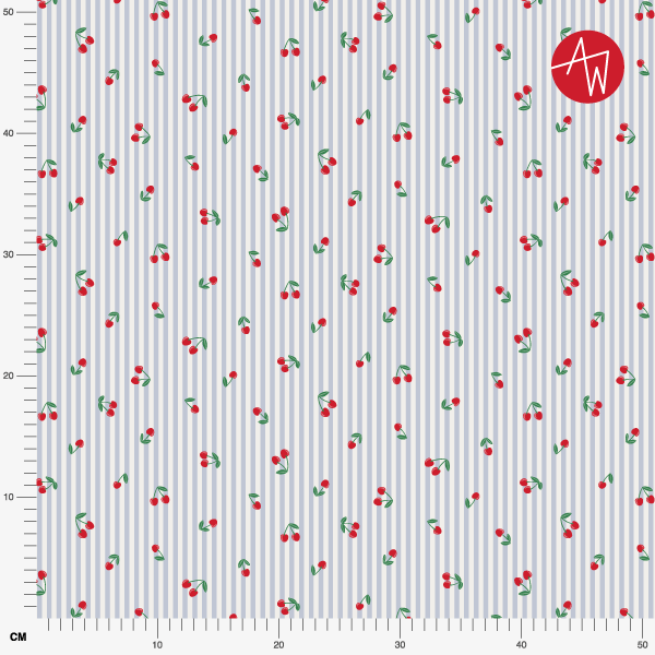 Organic fabric - Cherry Bloom Kleine Kirschen Streifen hellblau